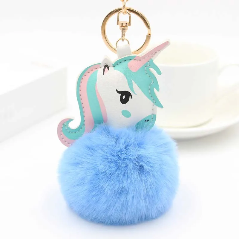 Pompom Unicorn Keychain Rabbit Fur Ball Horse Key chain porte clef Bag Car Keyring llavero mujer chaveiros For Women - Цвет: color