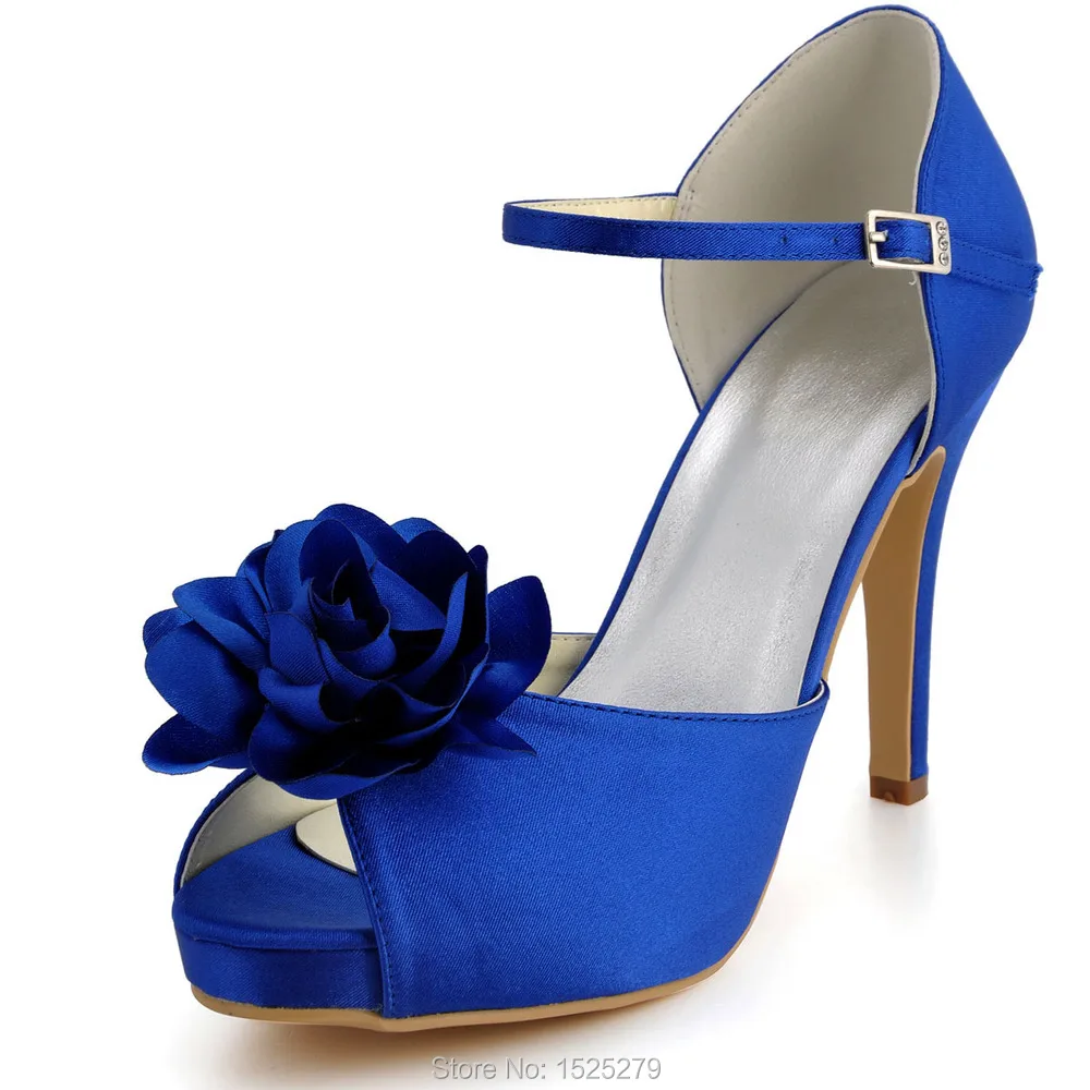 

EP2067-IP Blue Women Summer Sandal Buckle Peep toe Bridal Party Prom Pumps High Heels Lady Satin Wedding Shoes