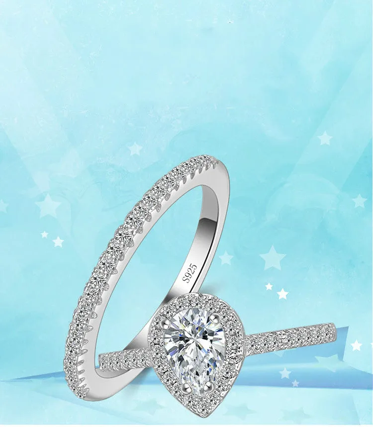 2pcs Silver Rings set Jewelry Teardrop Zircon CZ Diamant Engagement Ring Women 925 Sterling Silver Wedding Rings set for women