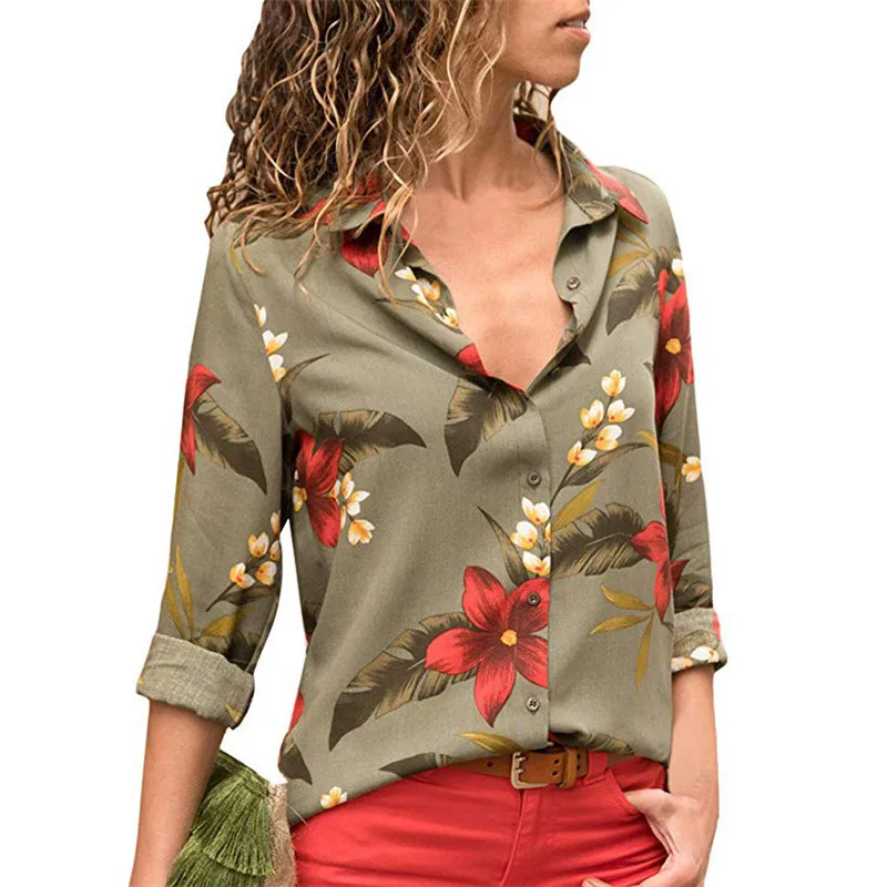 Женские блузки мода длинный рукав отложной воротник офисная шифоновая блузка рубашка повседневные топы плюс размер - Цвет: Army Green