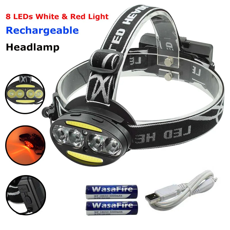 

7 Mode 8 LED High Lumens Led Headlamp Headlight USB Rechargeable 18650 Battery T6 COB Head Lamp Flashlight Torch White Red Light