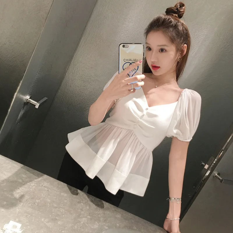 

GRUIICEEN new design summer womens tops and blouses 2018 V-neck elegant slim feminine blouse ruffles lantern sleeve blouse top