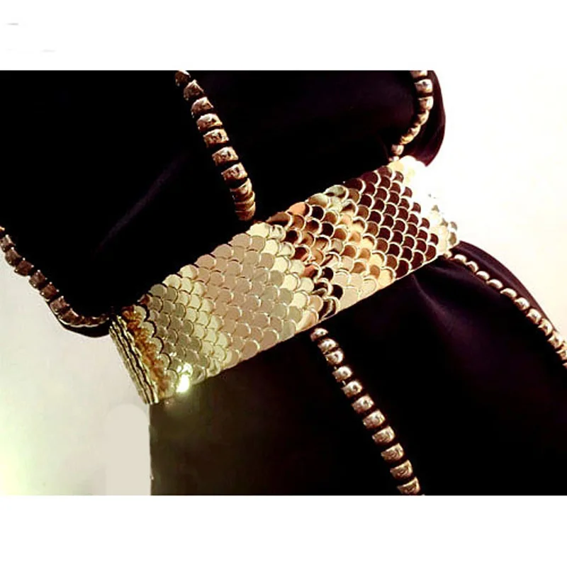 

Europe fashion Quality Wide Elastic Scale Metallic Belts For Women Ladies Dress Metal Belt Straps Waist Belt