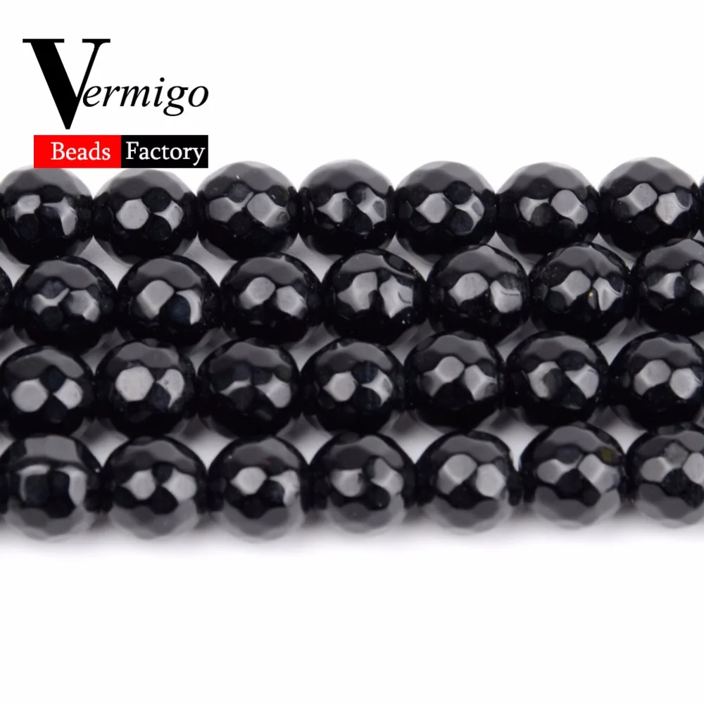 Natural Stones For Jewelry Making Faceted Black Agates Spacer Loose Beads 4 6 8 10 12mm Diy Bracelet Necklace Pearl 15"Strand