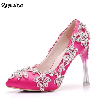 

New Exquisite Fashion Rhinestone Pumps Heels Wedding Shoes For Women White Beading Pink Thin High Heels Wedding Shoes XY-A0012