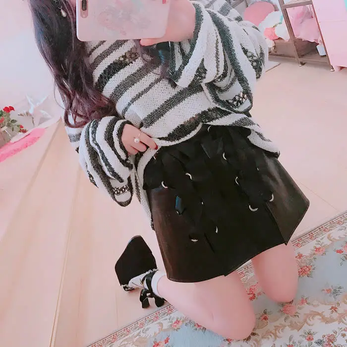 

Princess sweet lolita skirt Bobon21 cool honey girl powder black bow tie split leather skirt like inner shorts and sweet B1518