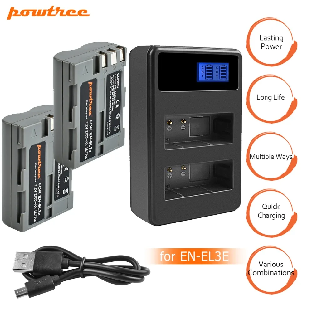 

2X EN-EL3E EN EL3e ENEL3e EL3 EN EL 3E Battery+Dual LCD Charger For Nikon D300S D300 D100 D200 D700 D70S D70 D80s D80 D90 L15