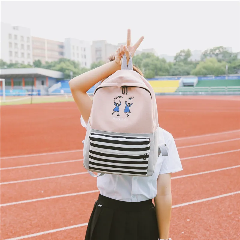 Menghuo School Backpacks for Teenage Girls Emboridery Women Canvas Backpack Female Cute Japan and Korean Backpack Travel BagsXFQJ2326