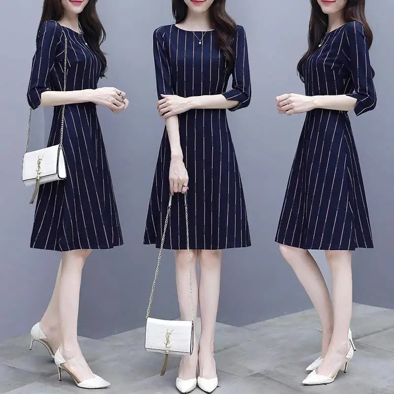 

Yfashion Summer Dresses Women Fashion Striped Elegant Dress Thin Waist Three Quarter Sleeve A-line Dresses Ladies Office Dress