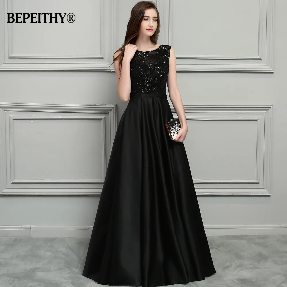 

BEPEITHY Sexy Backless Black Long Evening Dress 2019 Vestido De Festa New Bridal Satin Prom Dresses With Belt Hot Sale