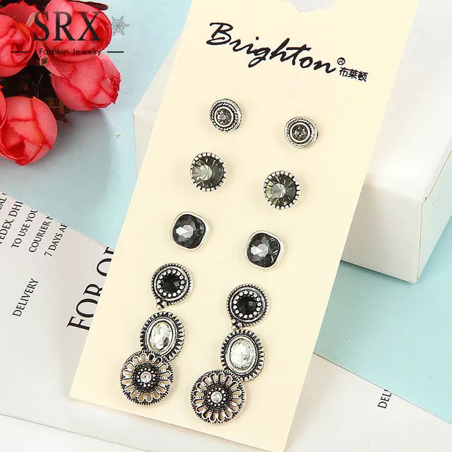 2018 New Accessories Stud Earring Sets 6 Pairs Multiple Color Round 2018 New Accessories Stud Earring Sets 6 Pairs Multiple Color Round Hollow Carved Flower Crystal Ball