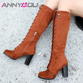 

ANNYMOLI Autumn Long Boots Women Zipper Chunky Heel Knee High Boots Lace Up Extreme High Heel Shoes Female Winter Big Size 34-43
