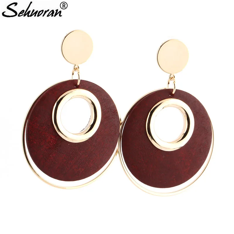 

Sehuoran Big Dangle Earring Large Round Earrings For Women Fashion Jewelry Exaggerated Circle Wood Earrings Black Red
