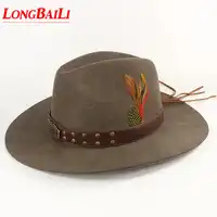 ฤดูหนาวคุณภาพ Feather Mens Wool Felt คาวบอยหมวกหนัง Chapeu Masculino จัดส่งฟรี PWSX001