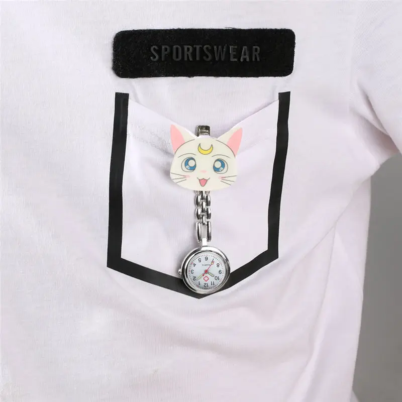 3D Cartoon Kitten Cat Nurse Watches Luminous Hands fob pocket hang clip watches Ladies Women Girls 3