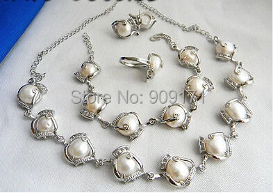 

Free Shipping>>>>12MM White Baroque Freshwater Pearl Zircon Necklace Bracelet Earring Ring Set