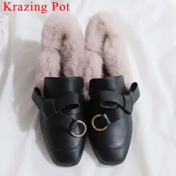 

2019 handmade butterfly-knot metal decoration real fur large size med heels slip on square toe simple style artistic pumps L08