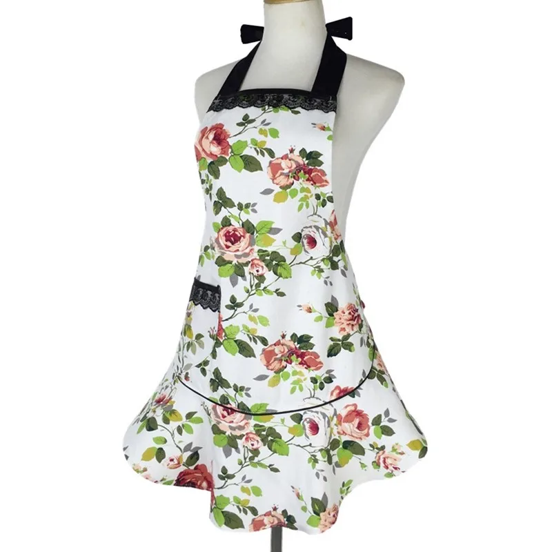 XiuMood Apron Kitchen Cooking Baking Chef Aprons For Woman Restaurant Waitress Work Bib Canvas Flowers With Black Lace Pockets