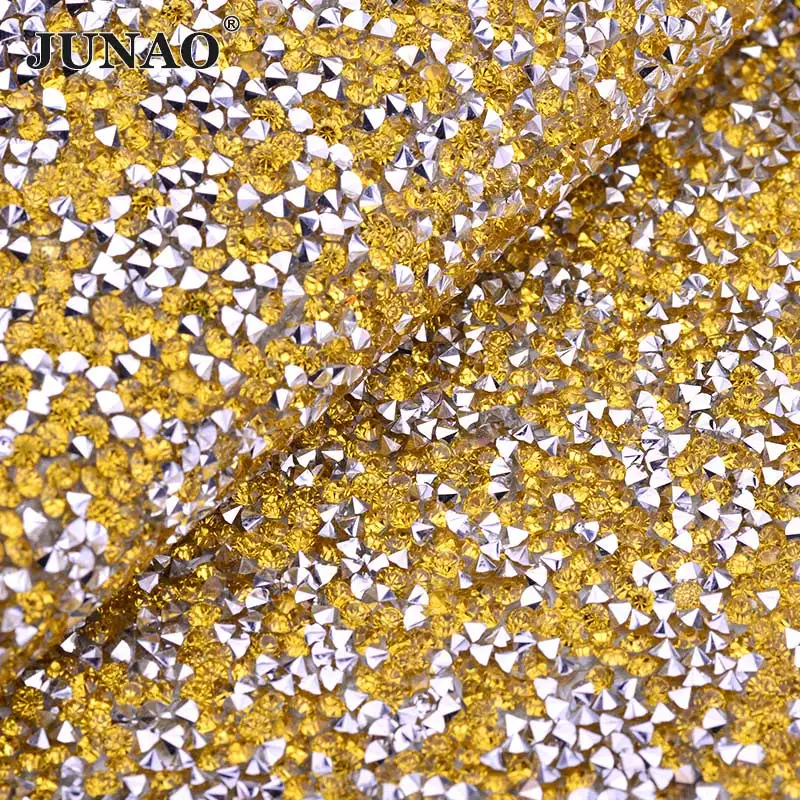 JUNAO, прозрачные и золотые стразы для горячей фиксации, отделка, ткань, лист, Алмазная сетка, железо на смолы, аппликация для рукоделия - Color: Silver Lemon Yellow