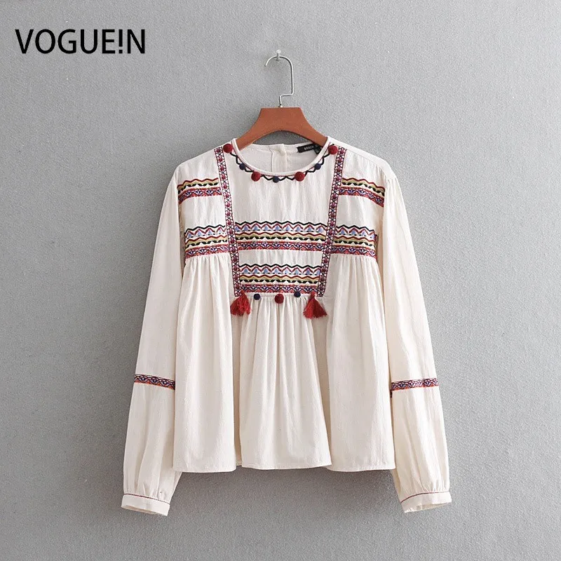 

VOGUEIN New Womens Retro Ethnic Embroidery Long Sleeve Pullover Blouse Shirt Top Wholesale
