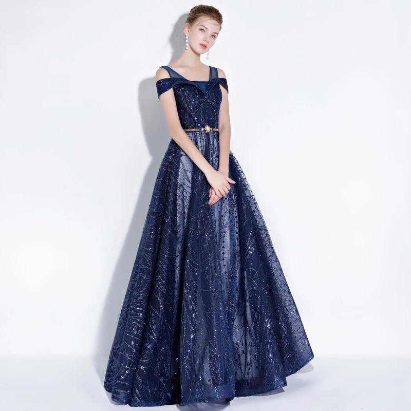 

Navy Blue Evening Dresses Floor Length Organza Off The Shoulder Sequined Elegant Formal Party Long Prom Gown 2019 robe de soiree