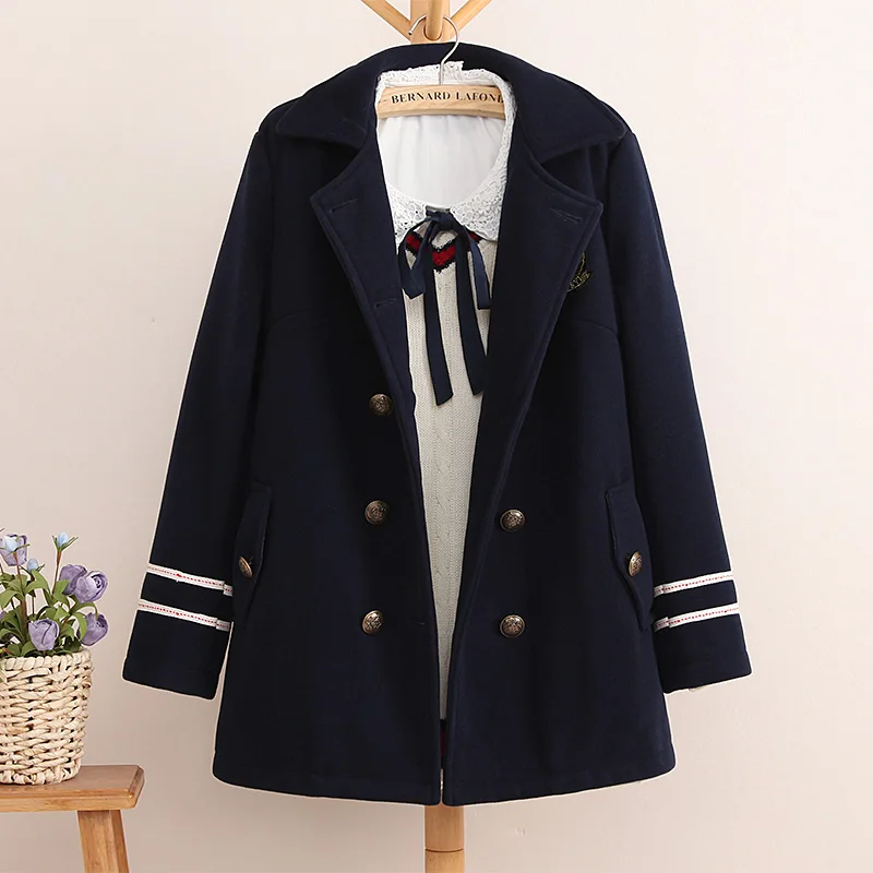 Women Double breasted navy blue preppy style woolen overcoat Embroidery women basic coats outerwear winter England Winter Jacket