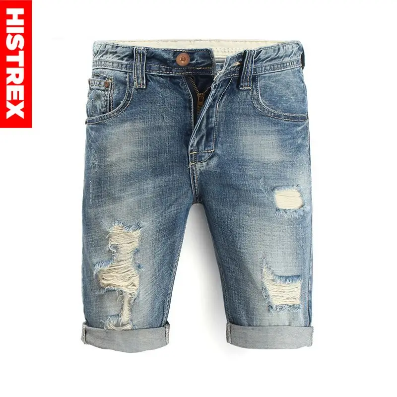 

HISTREX Mens Denim Shorts New Summer Regular Casual Knee Length Short Bermuda Masculina Hole Jeans Shorts For Men Blue #HJP5R