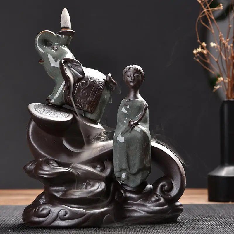 

Cute Elephant Smoke Waterfall Incense Holder Beauty Women Crafts Backflow Incense Burner Aromatherapy Home Office Table Decor