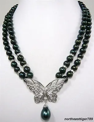 

Hot sale Free Shipping>>2 Rows Black Pearl 18KWGP Crystal Butterfly Pendant Necklace