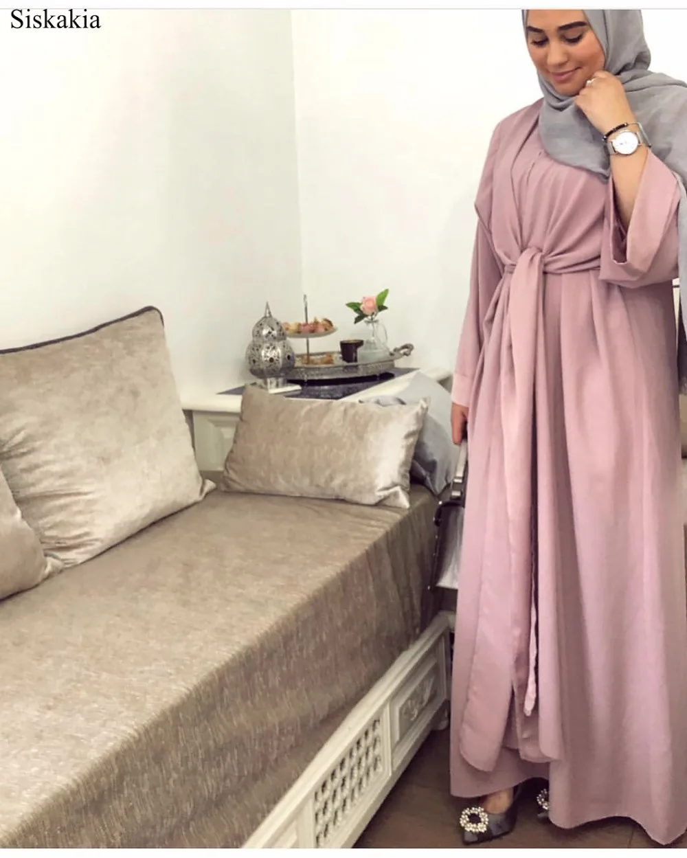 Siskakia Solid Muslim O-Neck Long Sleeve Bandage Robes Abaya Women Turkish Dubai High Waist Loose Female Abaya Casual Elegant  (3)
