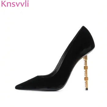 

Knsvvli New Metal Strange Style heel Runway Shoes Women Pumps Black Genuine Leather Pointy Toe High Heels Shoes Women Luxury