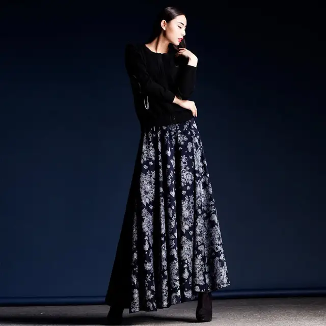 2017 Winter Skirts Womens Plus Size High Waist Pleated Maxi Long Expansion Bottom Print Retro 2017 Winter Skirts Womens Plus Size High Waist Pleated Maxi Long Expansion Bottom Print Retro