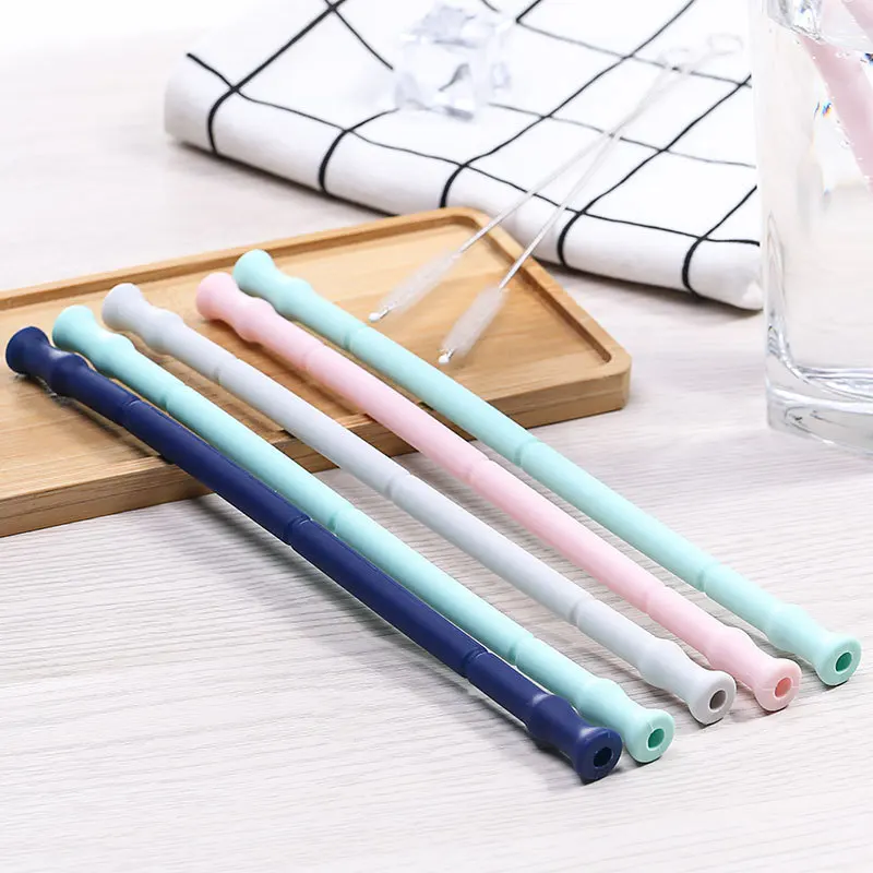 Cokytoop Silicone Reusable Straw Eco-Friendly Foldable Portable Camping Outdoor Folding Drinking Straw with Cleaner Brush