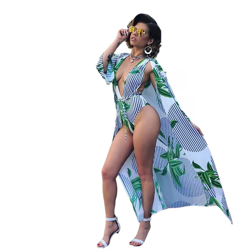 

Sexy Printed Cloak + Bikini Two-Piece Split Swimsuit Women Sets Summer Beach Elegant Bodysuit Female Wrap Stripe Playsuits Lady
