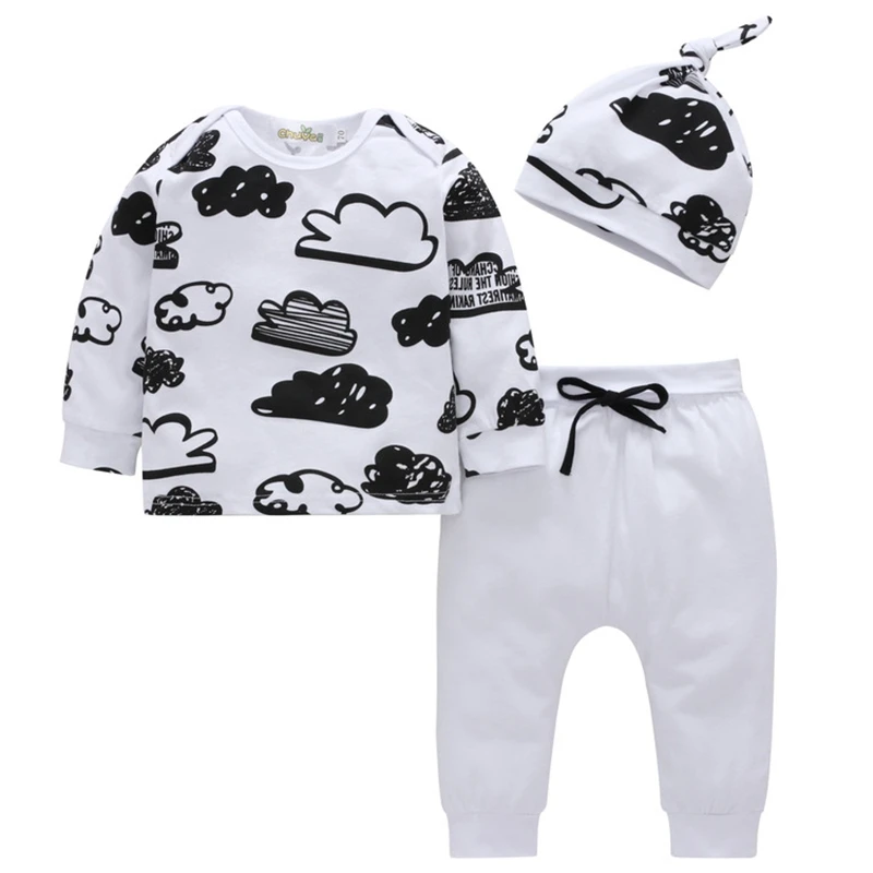 

Style Hot Selling newborn baby set Newborn Boy Girl's Clothes Long Sleeve White T-Shirt + Pants + Hat 3 Piece Set Baby Clothes