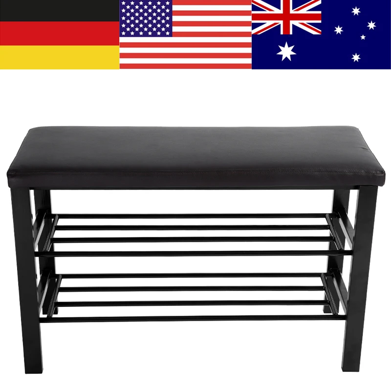 Double Layer Black Iron PU Leather Shoe Bench Rack Entryway Shoes