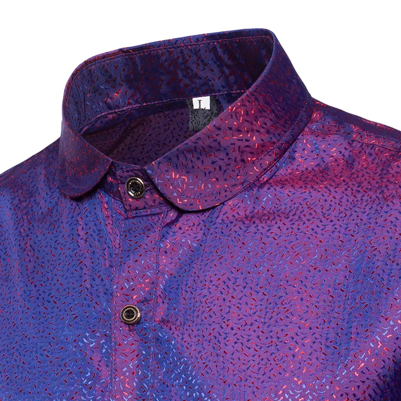 الحرير الحرير قميص سهرة قميص الرجال 2018 جديد السلس لامعة الذهب دوت طباعة قمصان عادية سليم صالح قميص الأرجواني الزفاف