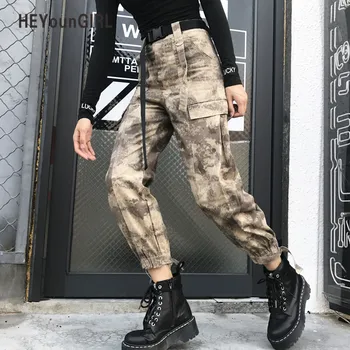 

HEYounGIRL Military Camo Pants Women Camouflage High Waist Cargo Pants Harajuku Ladies Trousers Streetwear with Belt Pocket