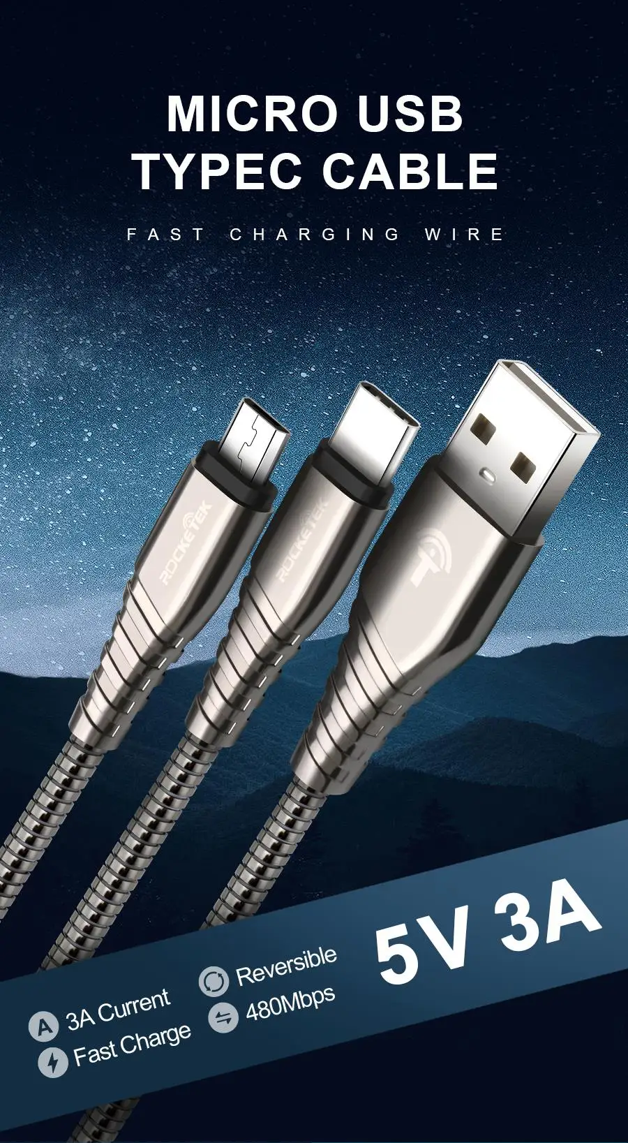 Rocketek usb type-C кабель Micro USB-C для мобильного телефона 3A Быстрая зарядка type-C для samsung Galaxy S9 S8 Plus xiaomi redmi note 5 7