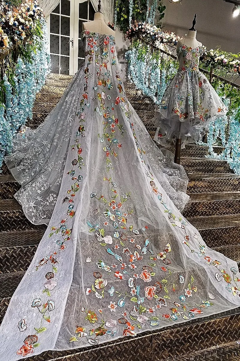 Настоящая фотография серое высококачественное роскошное кружевное свадебное платье с аппликацией винтажное бальное платье с соборным шлейфом Свадебные платья с шалью