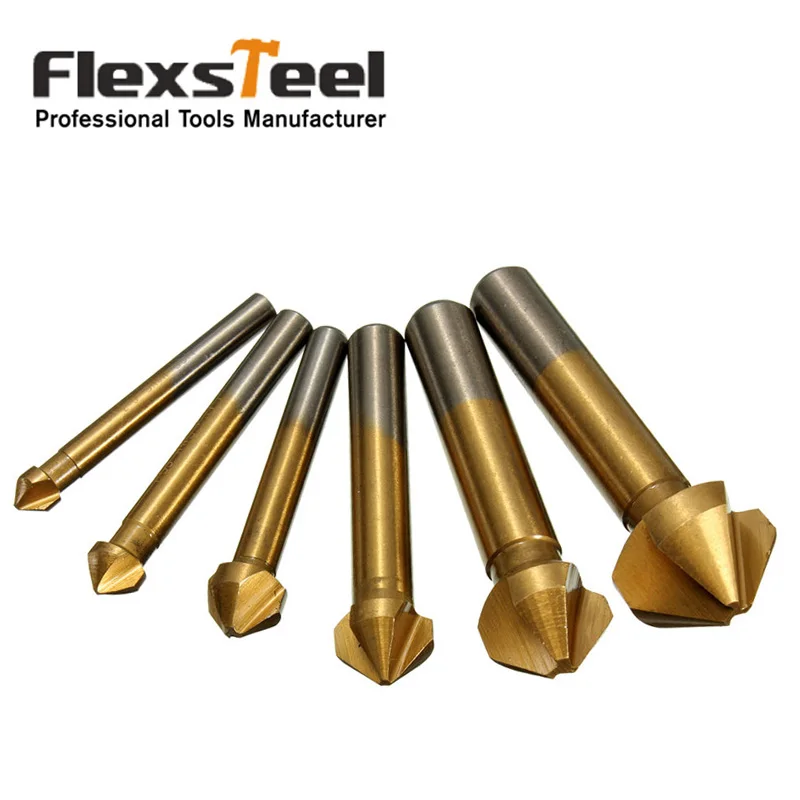6pcs/set 3 Flute Titanium Coated HSS Countersinks Drill Bit Set Chamfer Chamfering End Mill