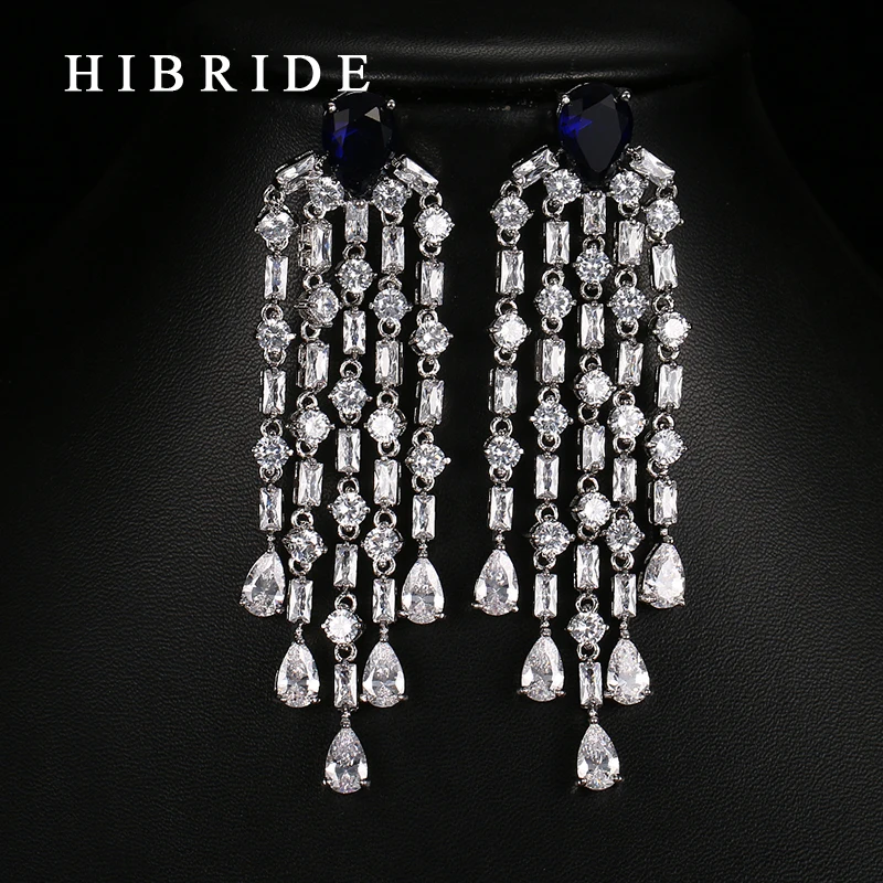 HIBRIDE Fashion Red Green Blue White Zircon Tassel Earring Rhodium Plated Women Earrings For Gifts E-56 - Image 5