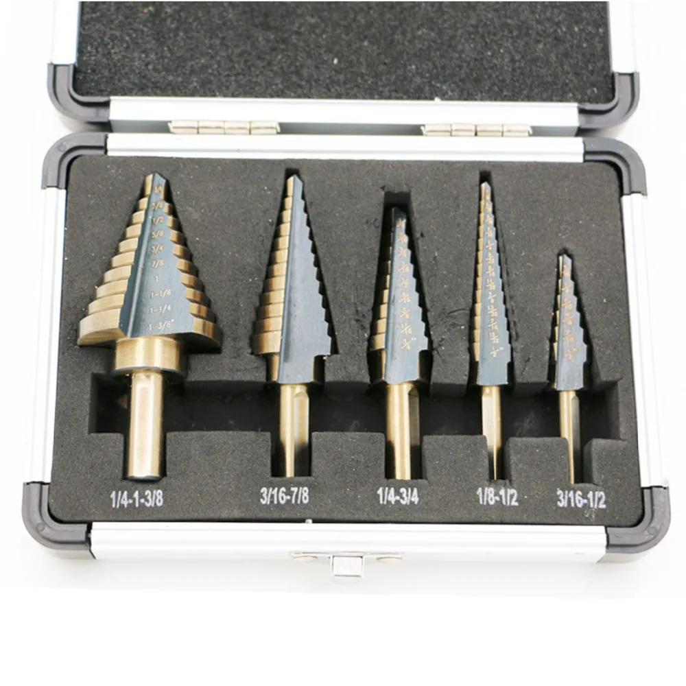 

5pcs Step Drill Bit Set Hss Cobalt Multiple Hole 50 Sizes Step Drills 1/4-1-3/8 3/16-7/8 1/4-3/4 1/8-1/2 3/16-1/2 Drill Bits