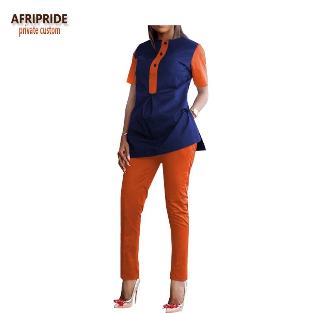 

2018 slim pants set for women AFRIPRIDE customzied half sleeve side split top+ankle length pants casual women set A1826008