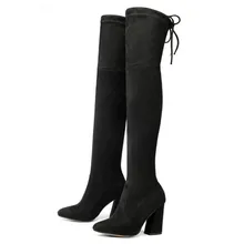 LZJ/ г. Новые Замшевые женские ботфорты выше колена пикантная женская обувь на высоком каблуке со шнуровкой зимние ботинки на шнуровке теплая обувь, размер 34-43