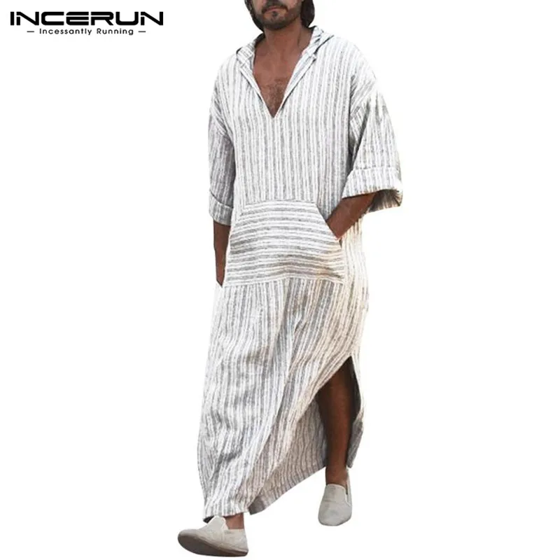 Saudi Arabia Man Robe Kaftan Full Length Robe White Stripe Long Dress