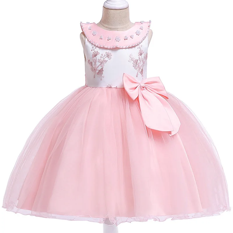 Праздничные платья принцессы с цветочным узором и бантом для девочек на свадьбу, день рождения, детская одежда для девочек Одежда для детей костюм для малышей L5079 - Цвет: Flesh pink