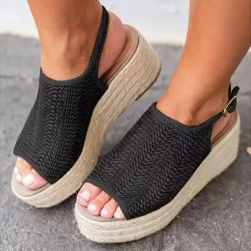 

2019 women sandals summer beach shoes platform wedge with straw high heels large size 40 41 42 fish mouth ladies sandals
