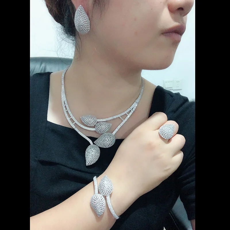  Nankiya nouvelles feuilles conception ensemble de bijoux de mariée clair blanc cubique zircone mode