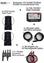 Solarparts 12V 2x25W DIY RV/Boat Kits Solar System 25W flexible solar panel1x 10A solar controller 1 set 3M MC4 cable 1 set clip